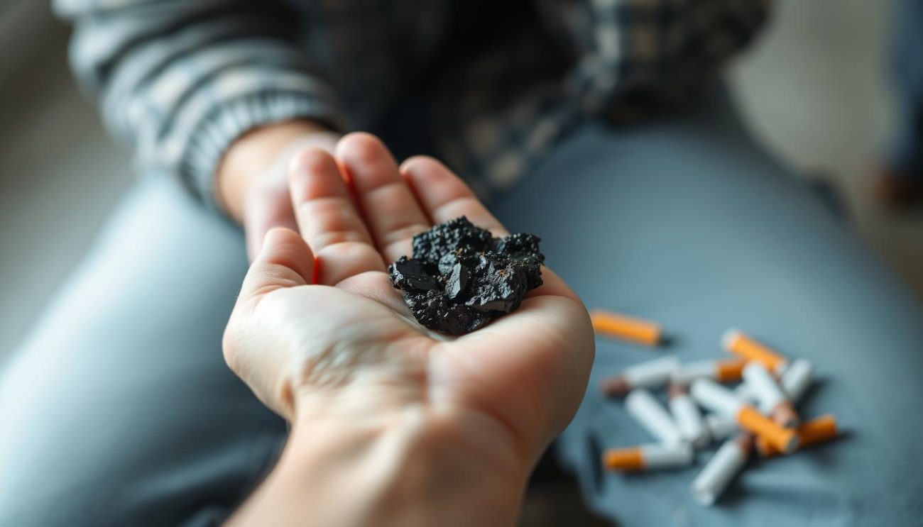 A person holding Shilajit resin with cigarettes being discarded in the background, symbolizing smoking cessation with Shilajit