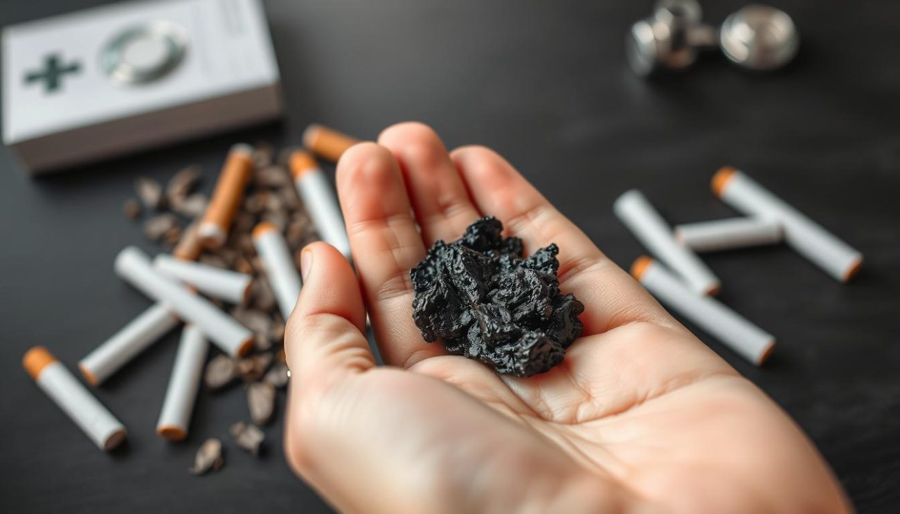 A person holding Shilajit resin with cigarettes being discarded in the background, symbolizing quitting smoking with Shilajit