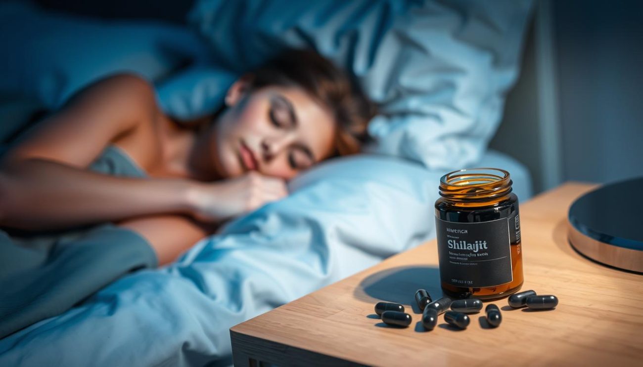 A person peacefully sleeping with Shilajit resin and capsules on bedside table