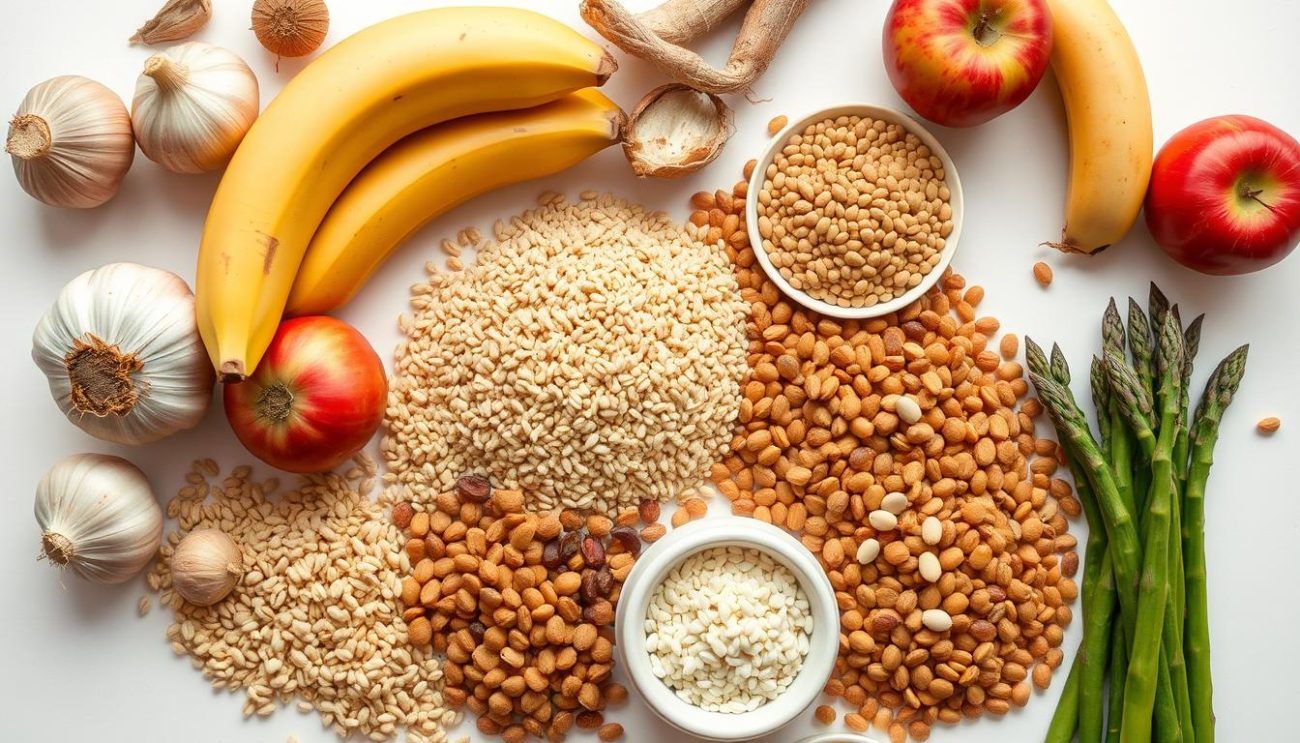 Assortment of prebiotic-rich foods including garlic, onions, bananas, and whole grains