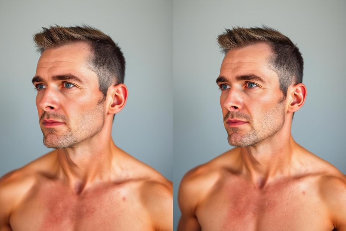 Before and after comparison showing improved skin, hair, and physical appearance in a man taking fulvic acid supplements for testosterone support