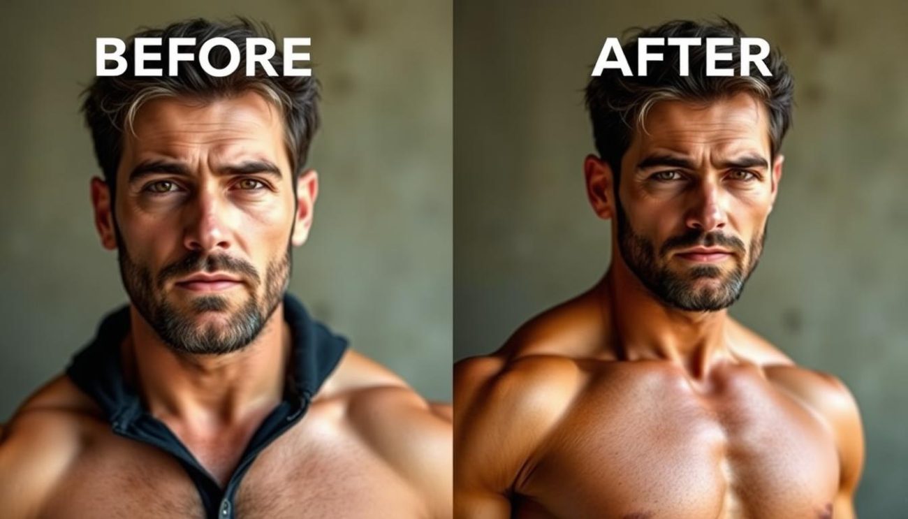 Before and after transformation of a man using shilajit for testosterone boosting