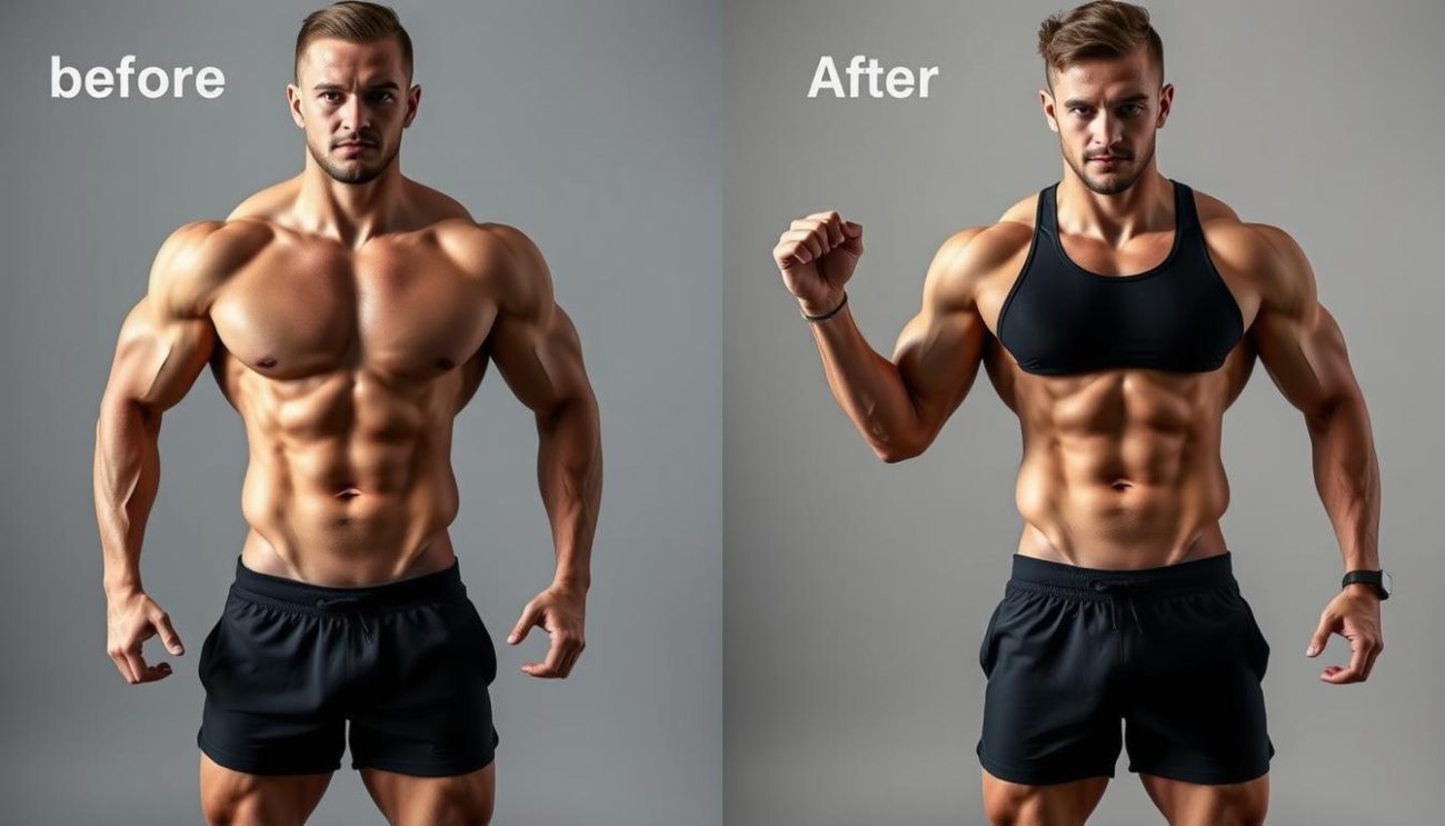 Before and after transformation showing muscle growth results from using Shilajit