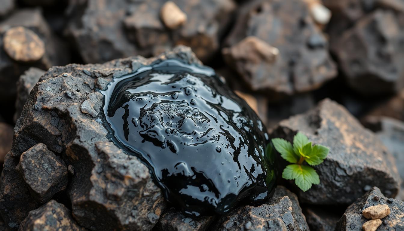 Black shilajit resin being extracted from mountain rocks, showing its natural tar-like appearance for over the counter diet pills