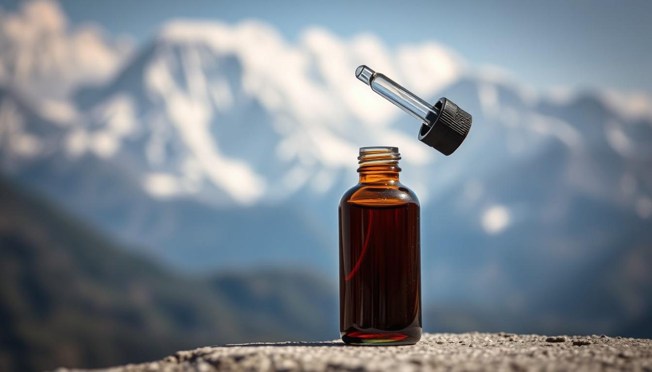 Bottle of shilajit liquid with dropper against Himalayan mountain background
