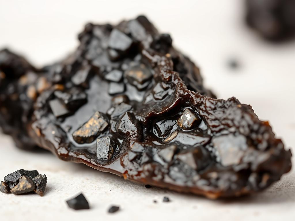 Close-up image of raw shilajit resin showing its dark, sticky texture with visible mineral components that support brain health