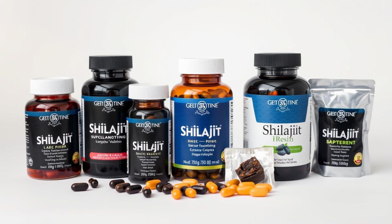 Collection of the top 5 Shilajit supplements for testosterone boosting, showing different forms including capsules, resin, and tablets