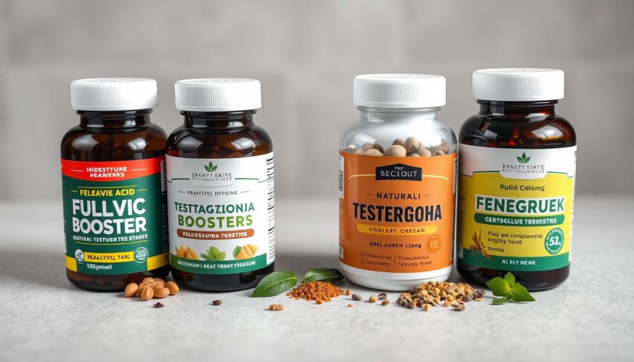 Comparison of natural testosterone boosters including fulvic acid, ashwagandha, tribulus terrestris, and fenugreek with their relative effectiveness