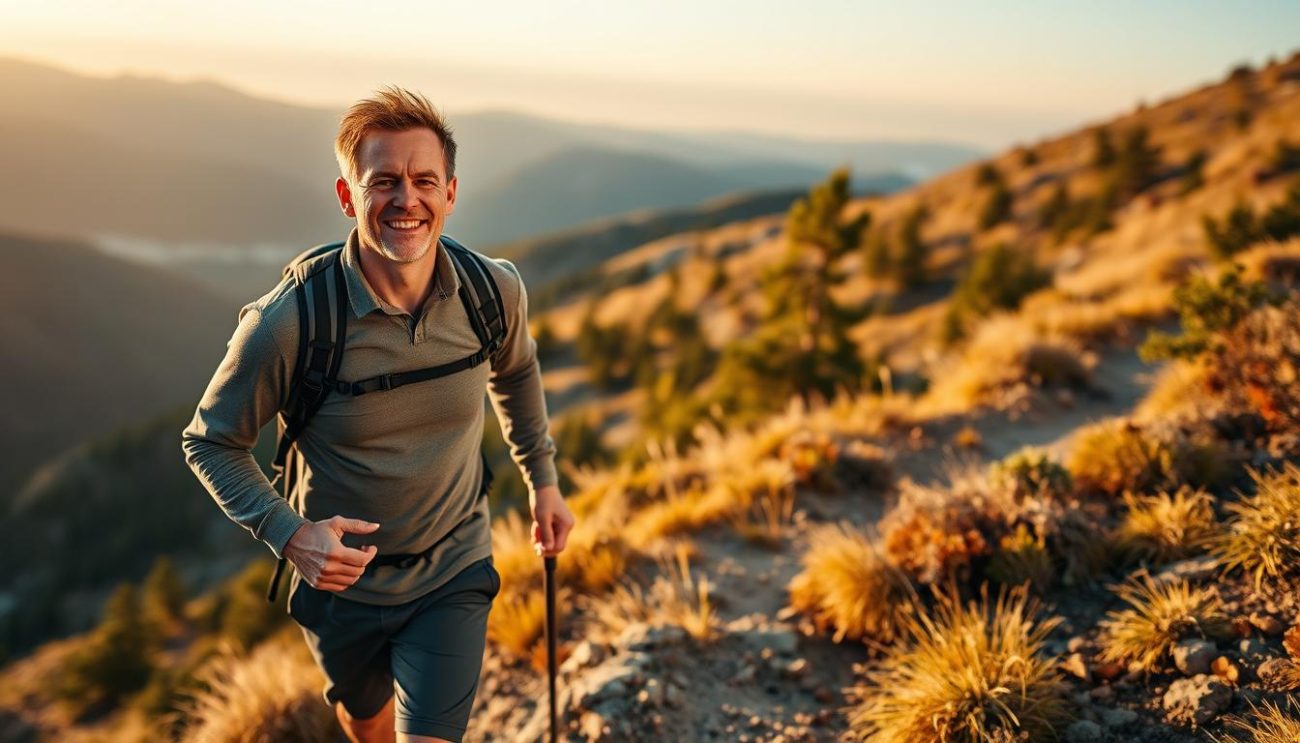 Confident, energetic man in his 40s enjoying outdoor activities, representing the benefits of optimized testosterone levels through fulvic acid supplementation
