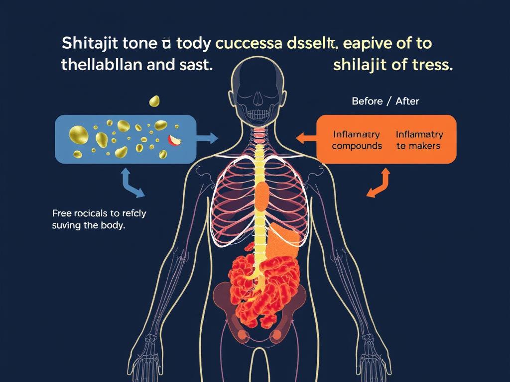Diagram showing how Shilajit reduces oxidative stress and inflammation