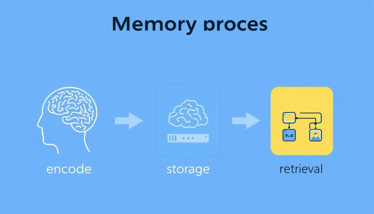 Diagram showing how memory works with three stages: encoding, storage, and retrieval