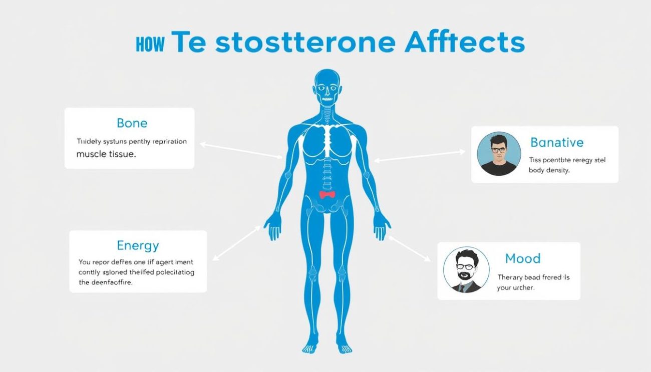 Diagram showing how testosterone affects various body systems including muscle, bone, and energy levels