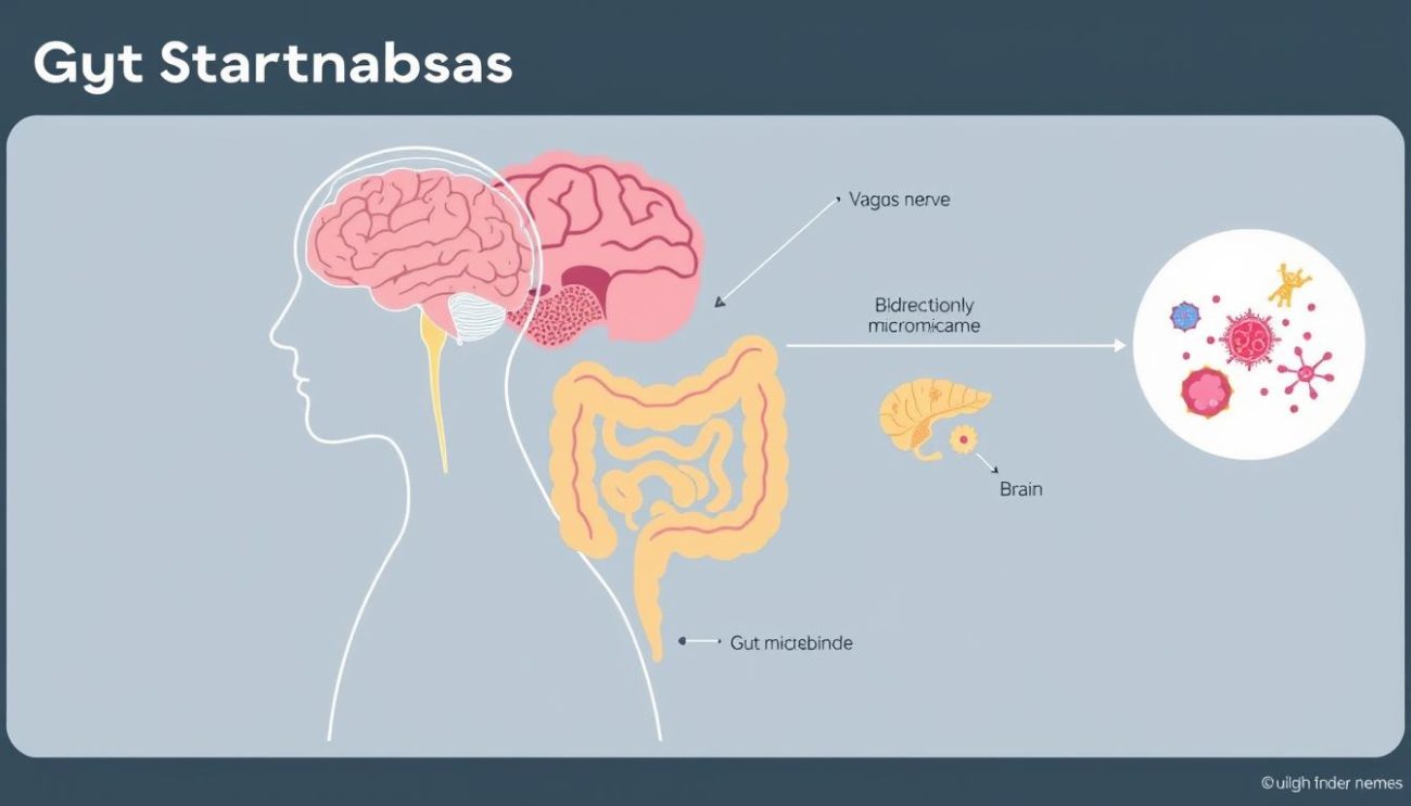Diagram showing the gut-brain axis connection with neural pathways between the digestive system and brain