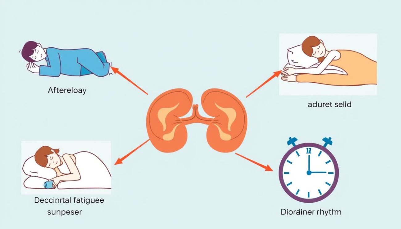 Diagram showing the location of adrenal glands on top of kidneys with symptoms of adrenal fatigue illustrated around them
