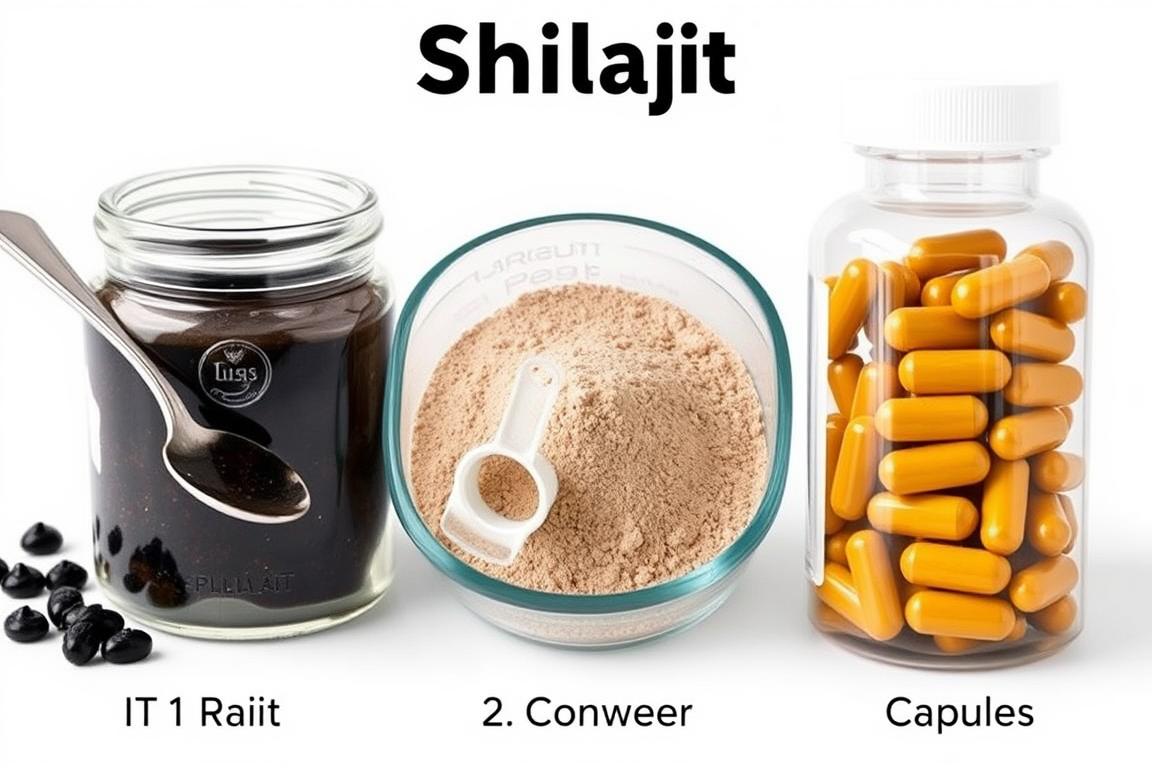 Different forms of Shilajit supplements: resin, powder, and capsules - best test booster options
