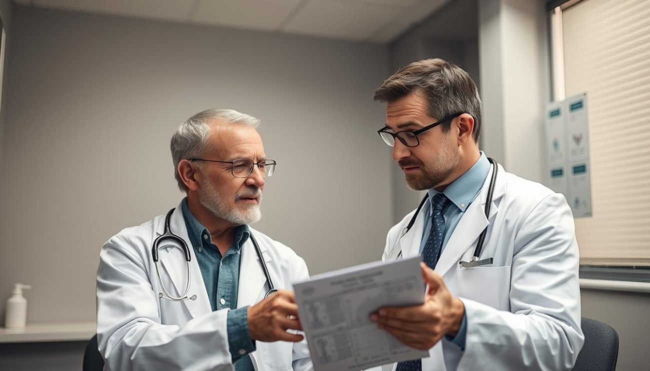 Doctor consulting with male patient about fulvic acid supplements and testosterone support, reviewing medical charts