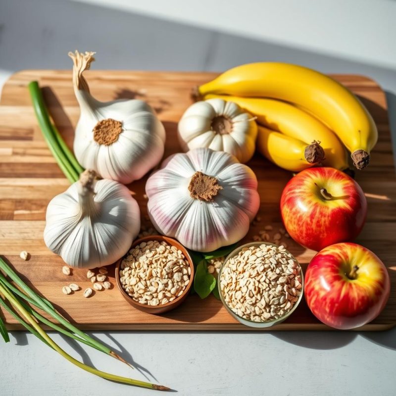 Fresh prebiotic-rich foods including garlic, onions, and bananas