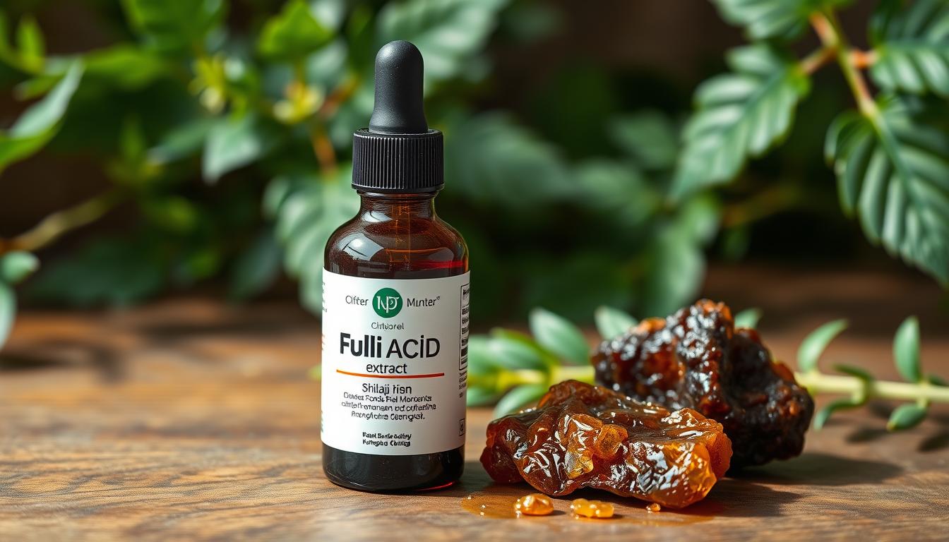 Fulvic acid extract in liquid form next to raw shilajit resin showing the natural source of fulvic acid and testosterone-supporting compounds