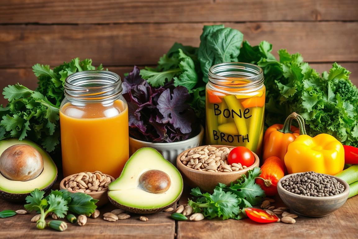 Gut-healing foods including bone broth, fermented vegetables, and leafy greens