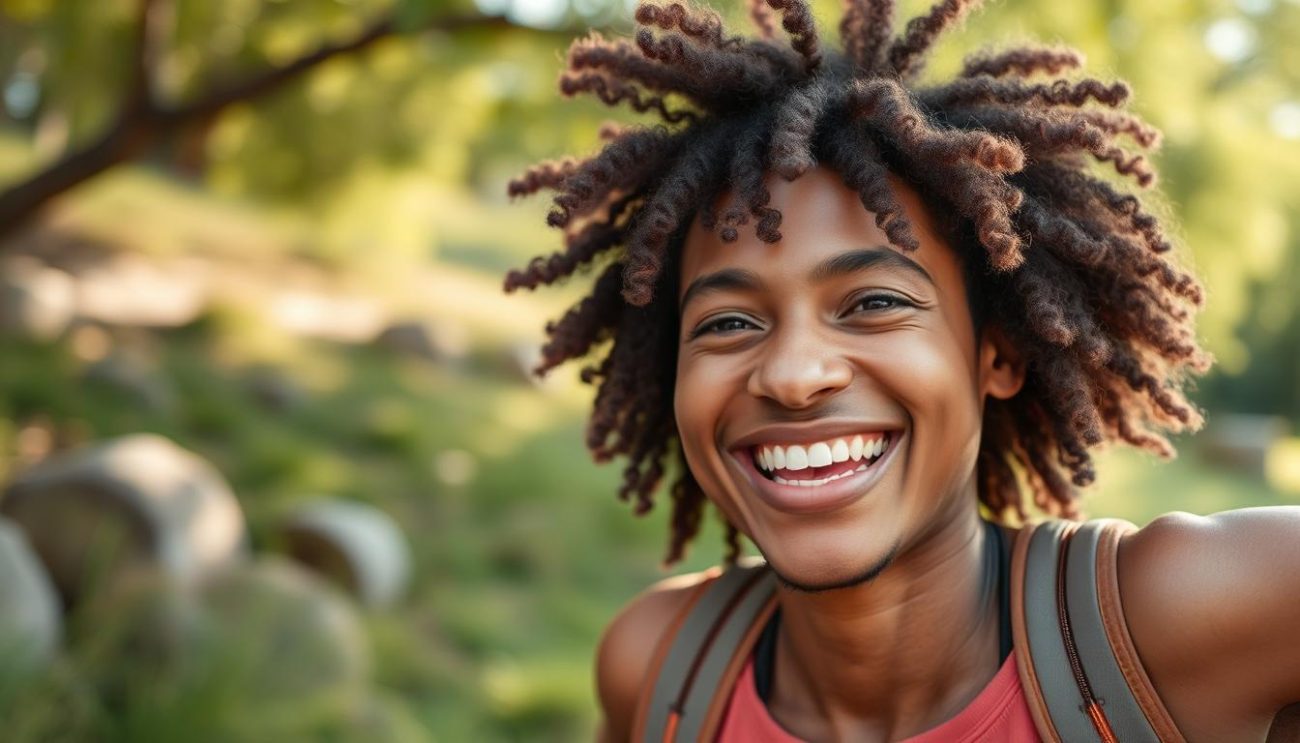 Happy, healthy person enjoying life after improving gut health with both probiotics and prebiotics