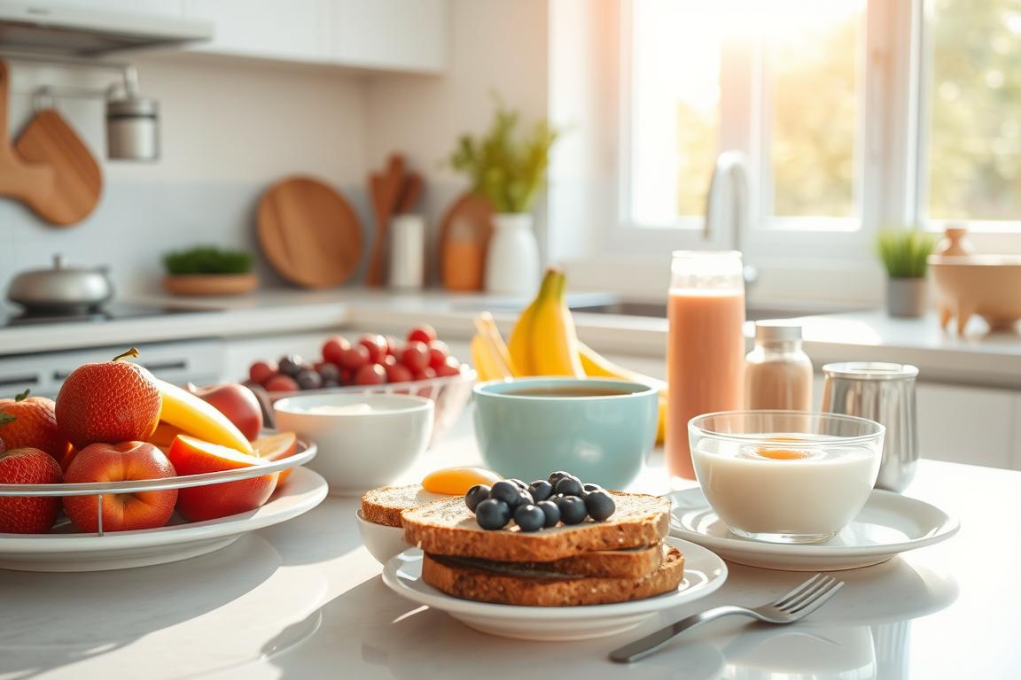 Healthy breakfast preparation in early morning, highlighting dietary benefits of waking up early