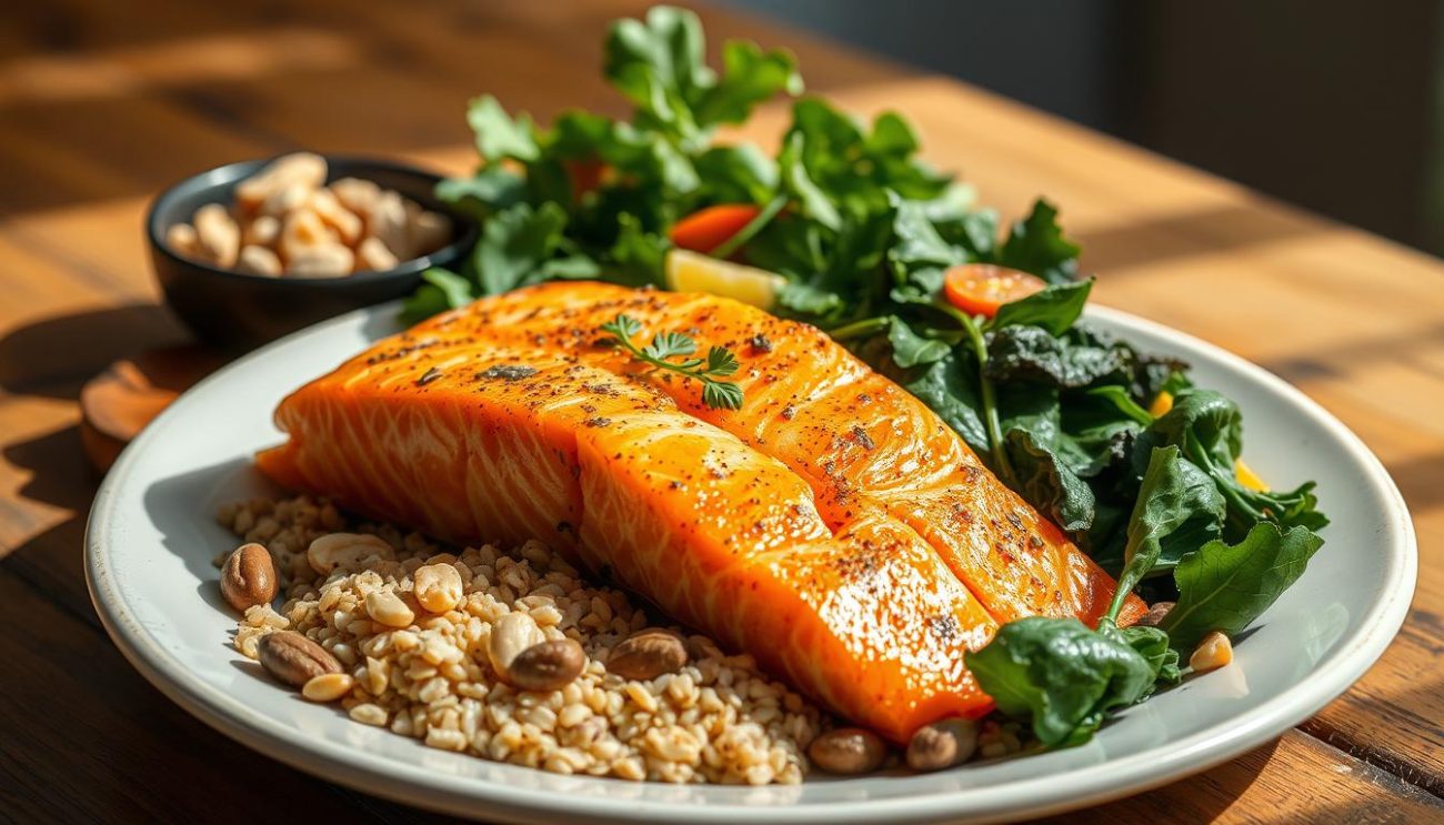 Healthy meal with omega-3 rich foods beneficial for seasonal affective disorder (SAD)