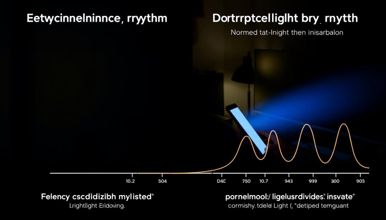 Illustration of circadian rhythm disruption showing how blue light affects sleep cycles and causes tiredness after 8 hours of sleep