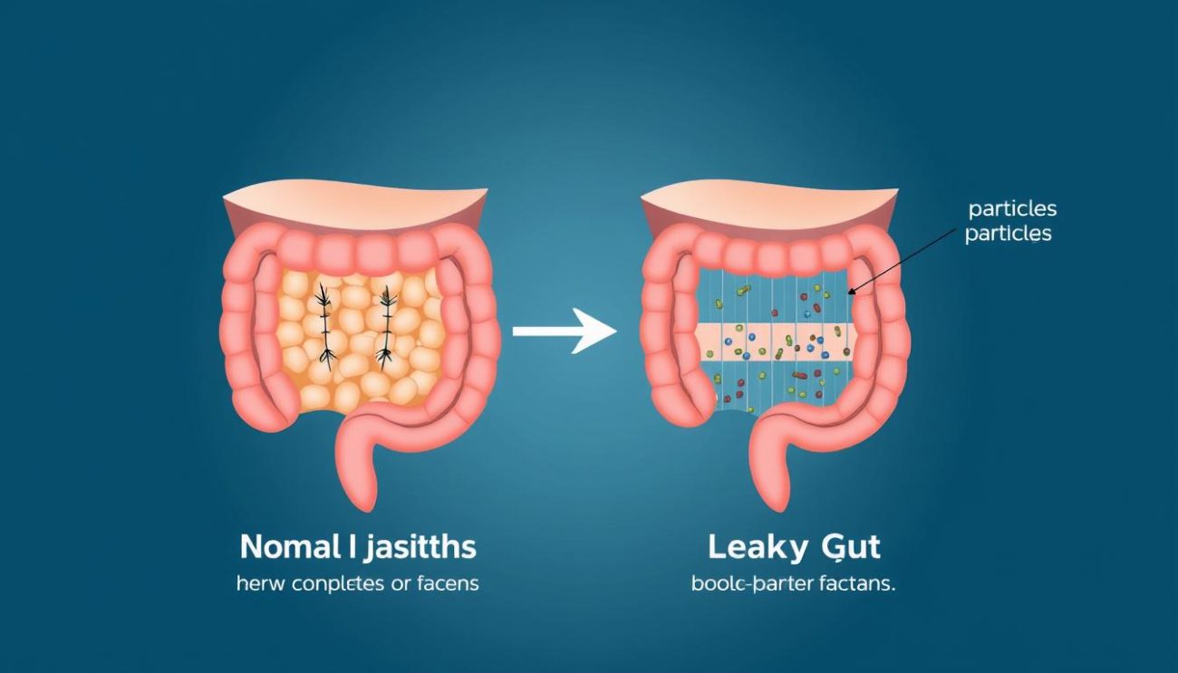 Illustration of leaky gut syndrome showing intestinal barrier with increased permeability