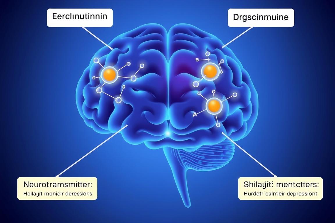 Illustration of neurotransmitters in the brain affected by Shilajit as a holistic remedy for depression
