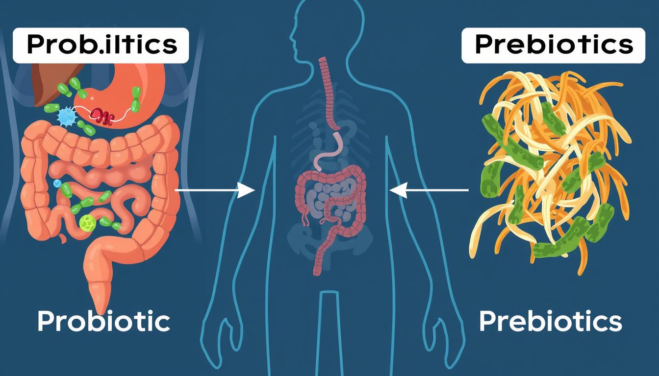 Illustration showing probiotics vs prebiotics in the digestive system