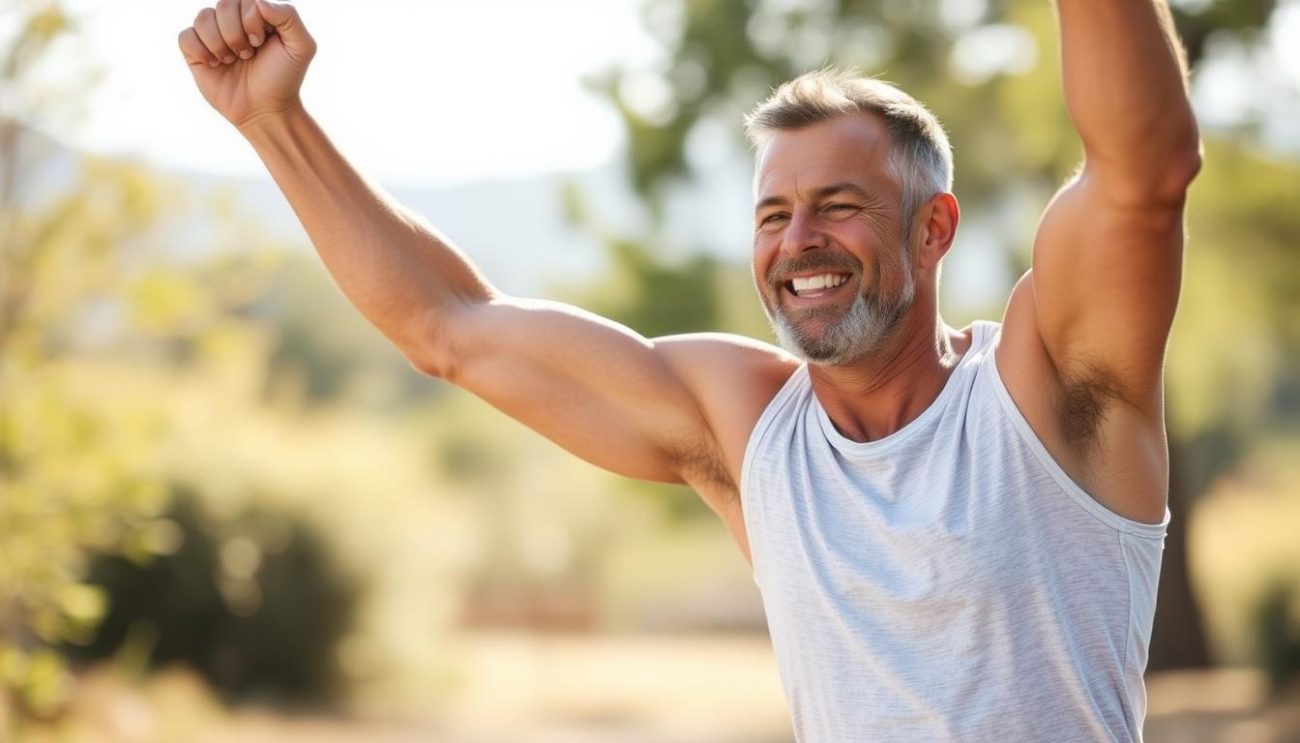Man in his 40s looking energetic while exercising outdoors, representing healthy testosterone levels with vitamins and Shilajit