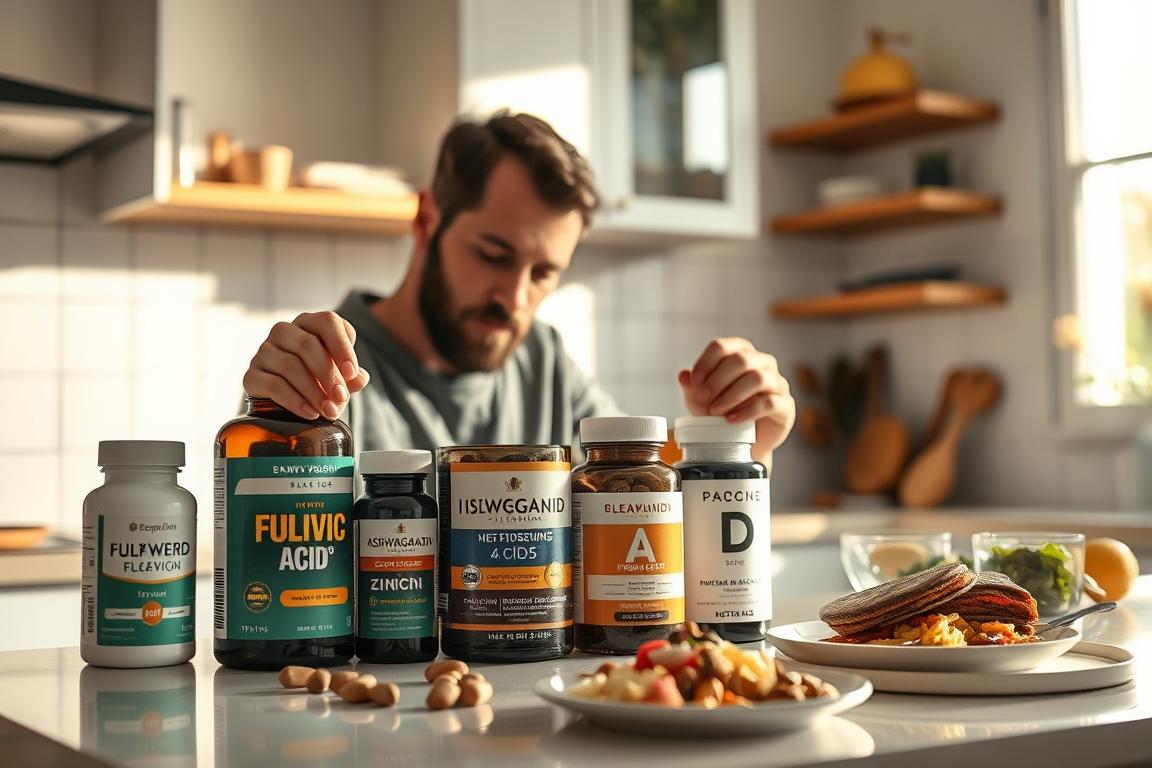 Man preparing a comprehensive testosterone support stack with fulvic acid, zinc, magnesium, vitamin D, and ashwagandha supplements