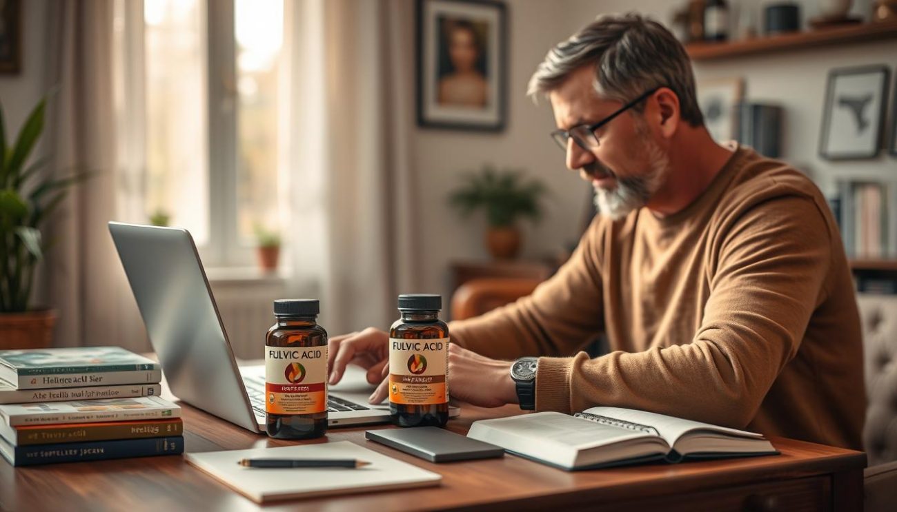 Man researching fulvic acid and testosterone on computer with supplement bottles and health books on desk