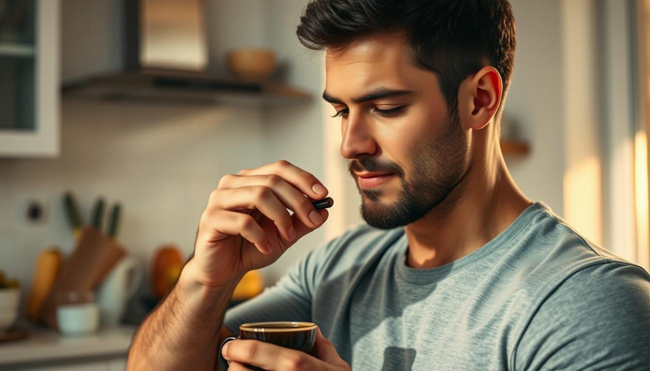 Man taking Shilajit supplement with morning routine - best testosterone booster usage