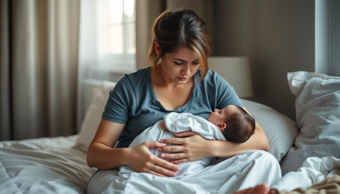 Mother experiencing postpartum depression symptoms while holding her baby, considering postpartum depression treatment Shilajit