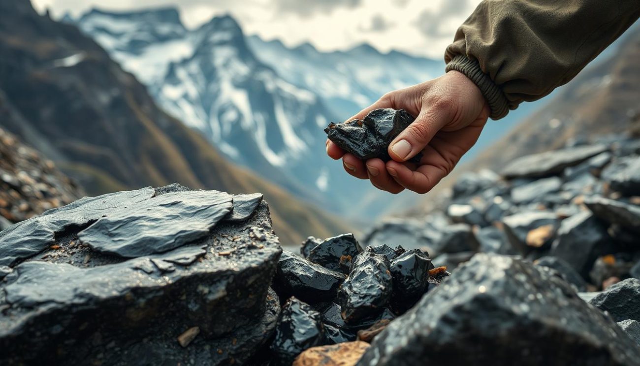 Natural Shilajit resin being harvested from Himalayan mountains for anxiety relief