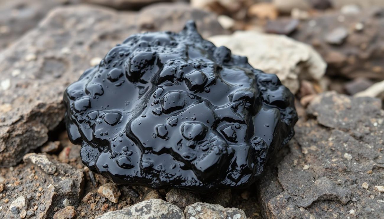 Natural shilajeet resin on Himalayan rocks showing its dark, tar-like appearance