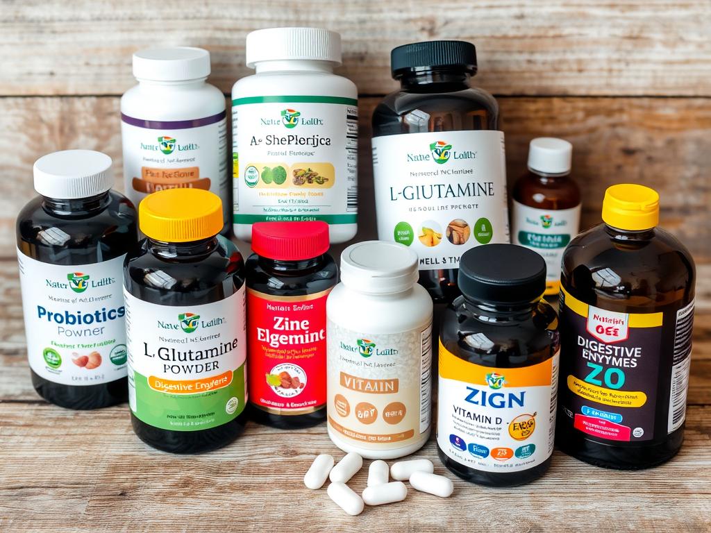 Natural supplements for gut health including probiotics and L-glutamine