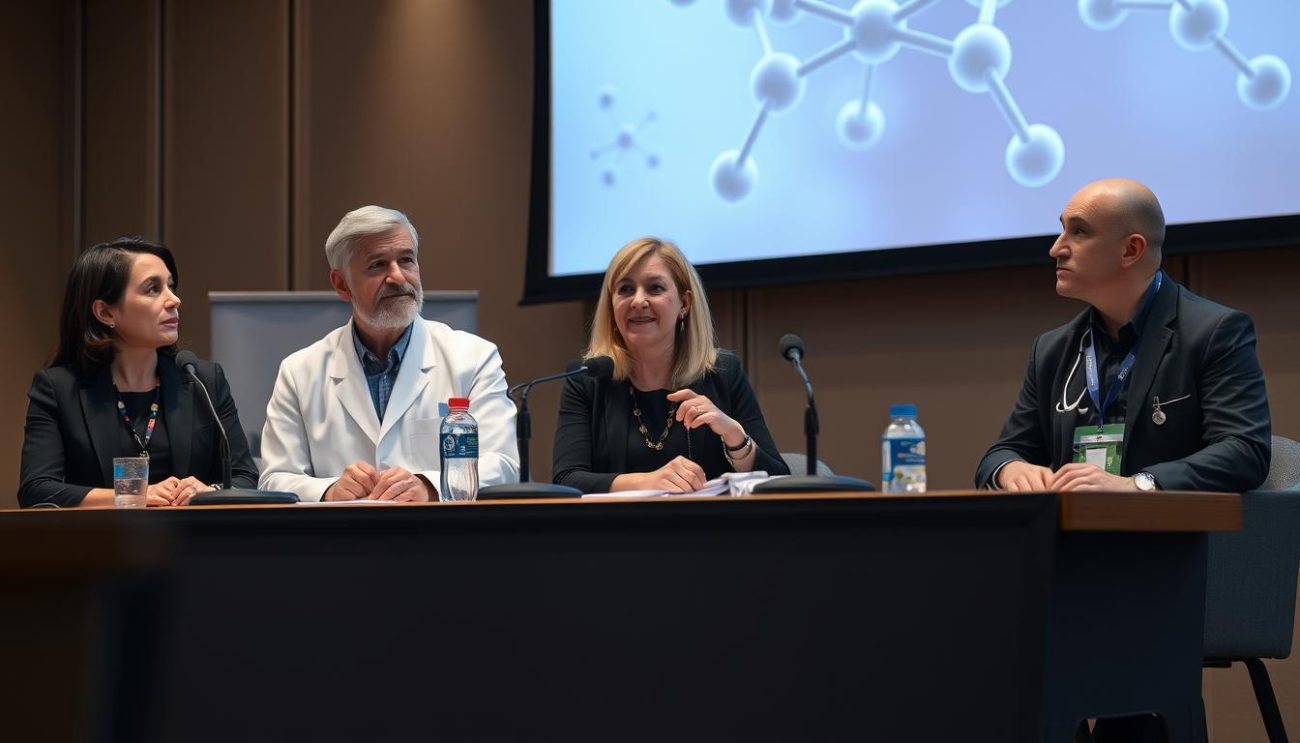 Panel of medical experts discussing fulvic acid benefits for testosterone and male hormonal health at a medical conference