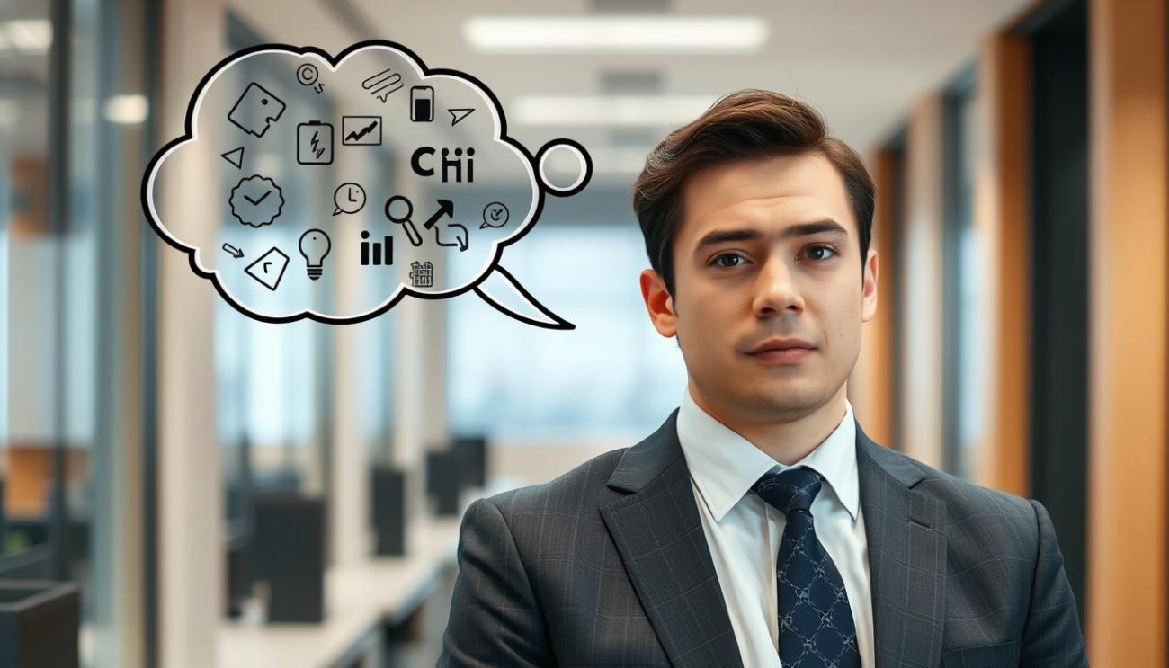 Person appearing calm and composed externally while visualizing internal anxiety thoughts
