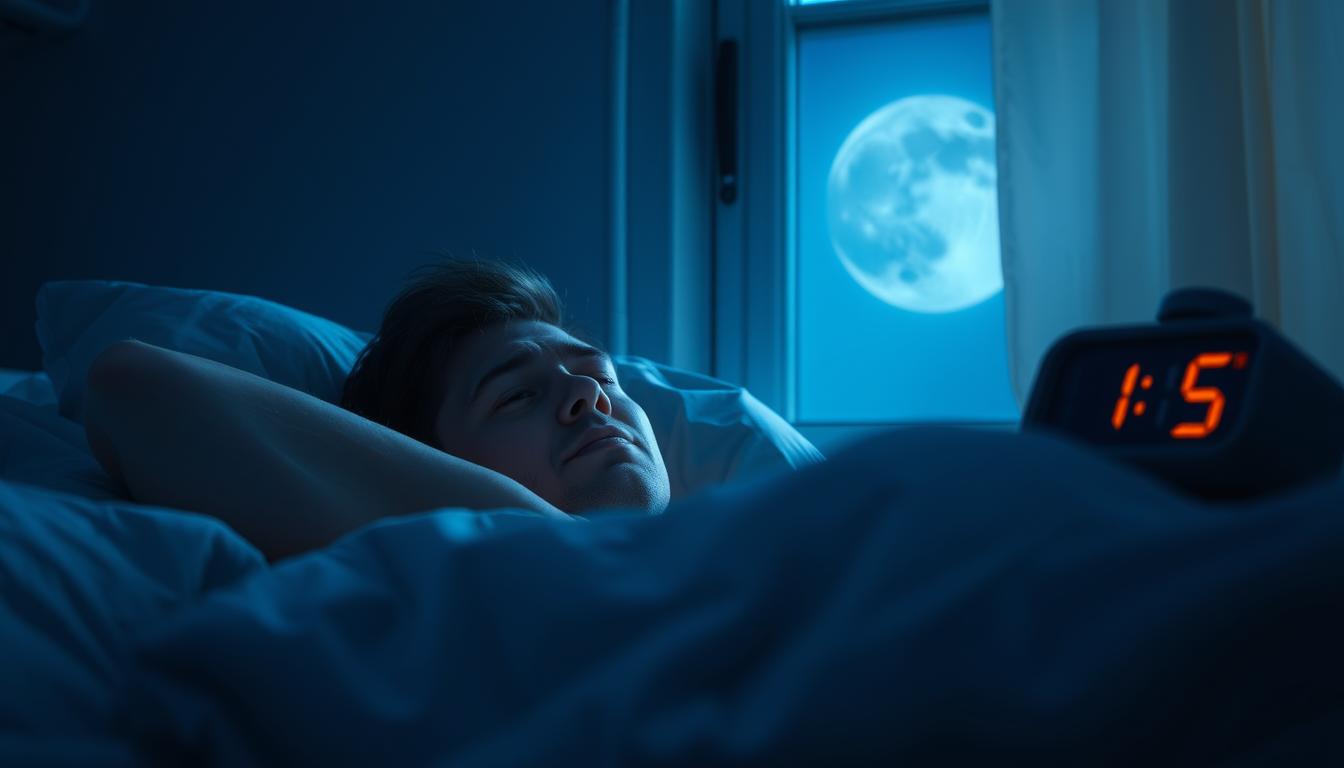 Person awake in bed at night unable to fall back asleep