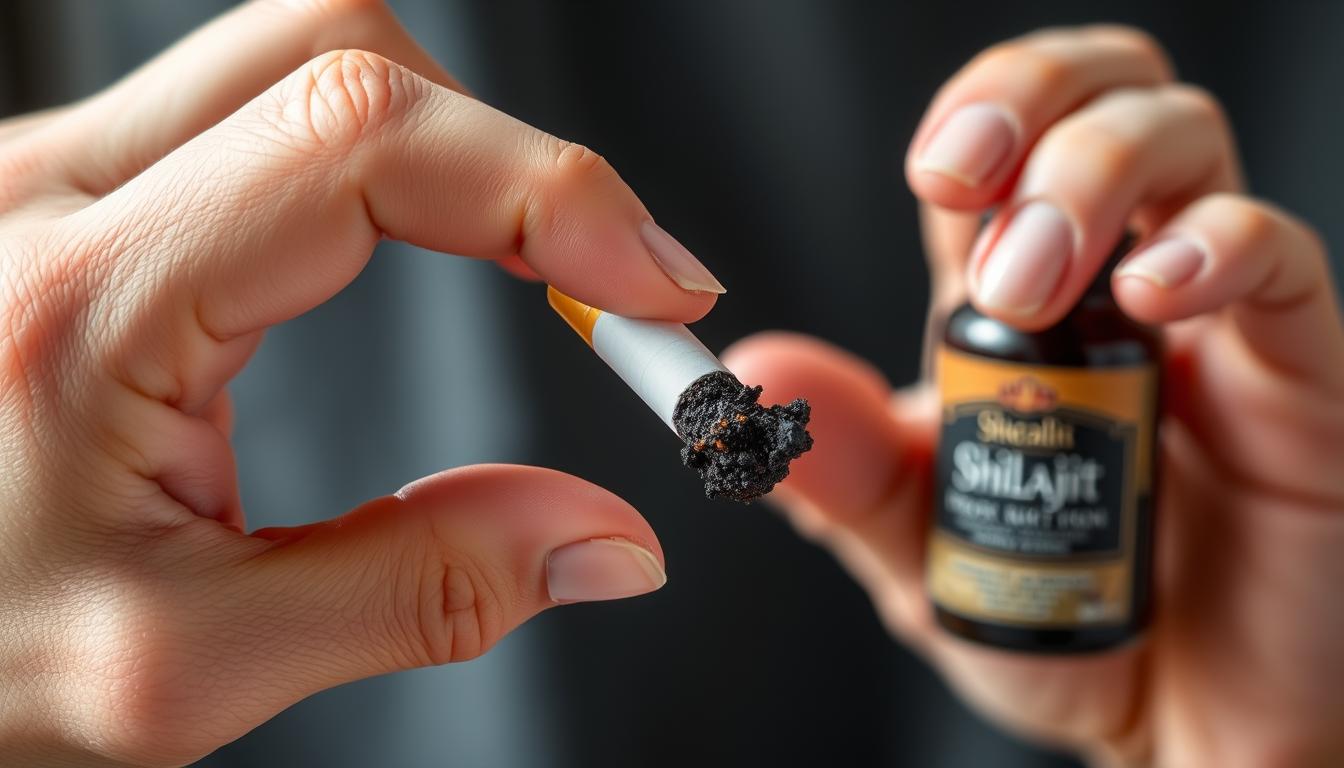Person breaking a cigarette with Shilajit resin in the background, symbolizing Shilajit for smoking cessation