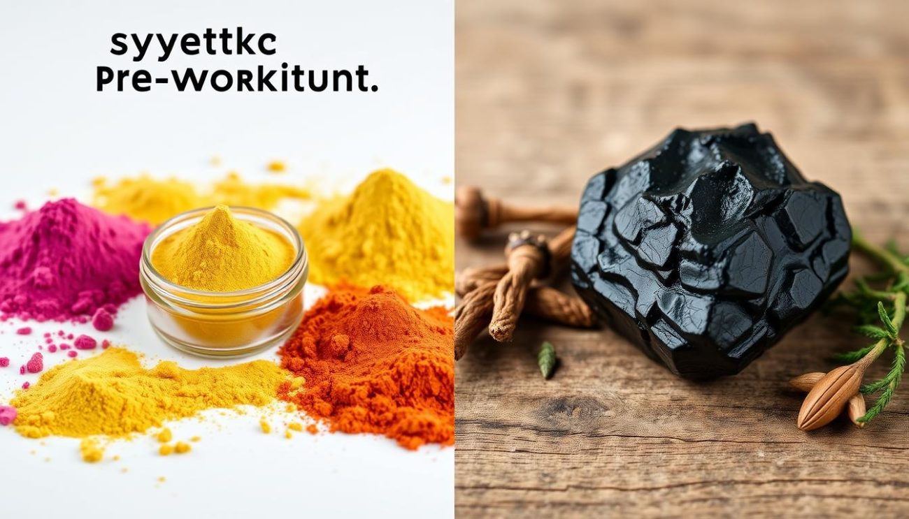 Person comparing natural pre workout Shilajit with synthetic pre-workout supplements