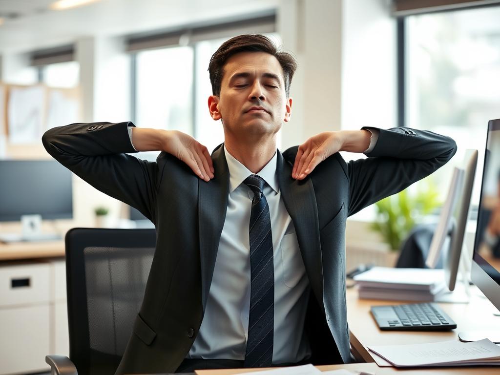 Person demonstrating subtle progressive muscle relaxation technique at desk