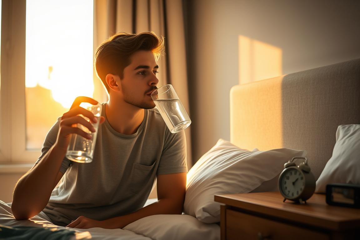 Person drinking water in the morning to combat dehydration that causes tiredness after 8 hours of sleep
