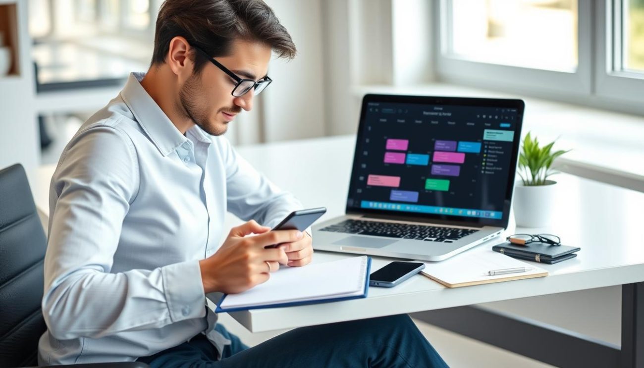 Person efficiently managing multiple tasks with a digital calendar and productivity apps, demonstrating effective time management techniques
