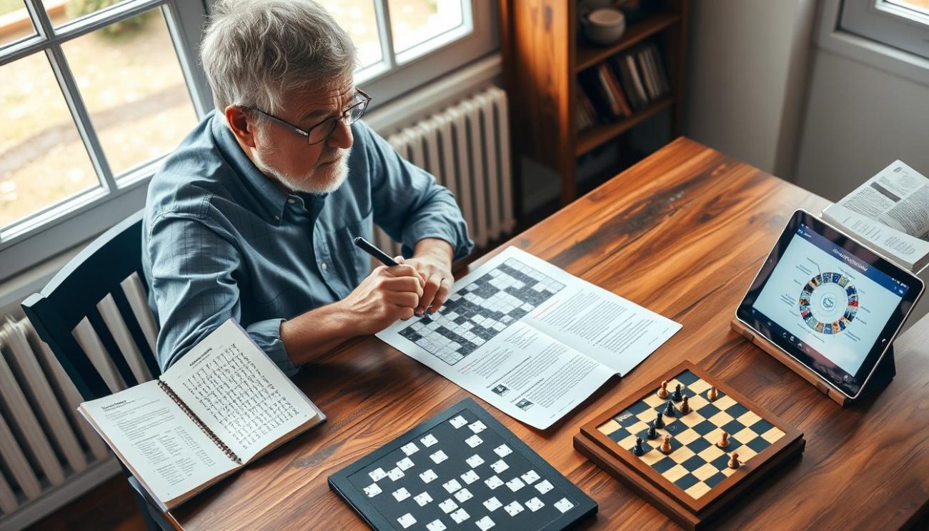 Person engaging in brain exercises to stay sharp with puzzles and digital apps