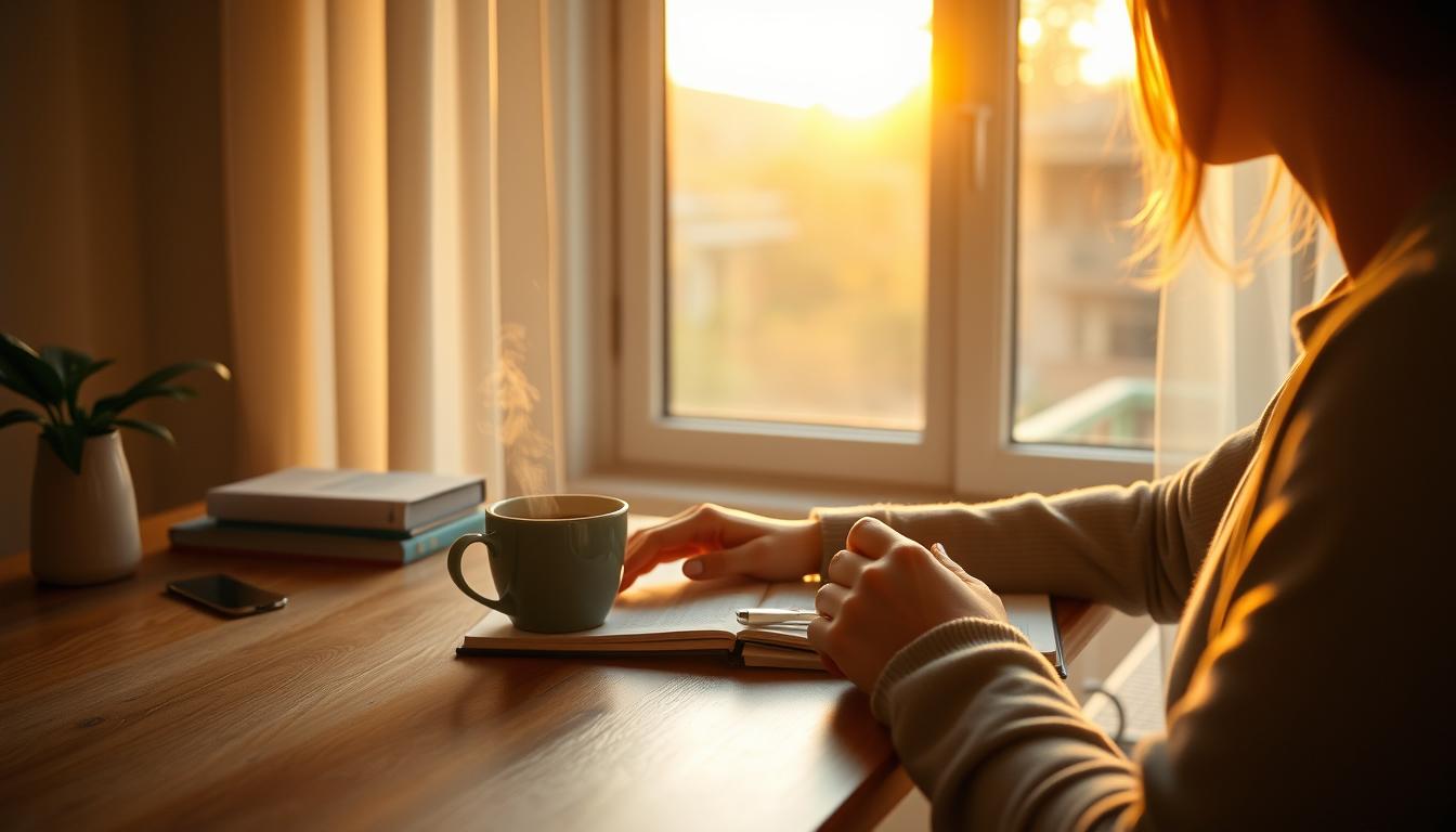 Person enjoying a peaceful morning routine for success with coffee, journal, and sunrise view