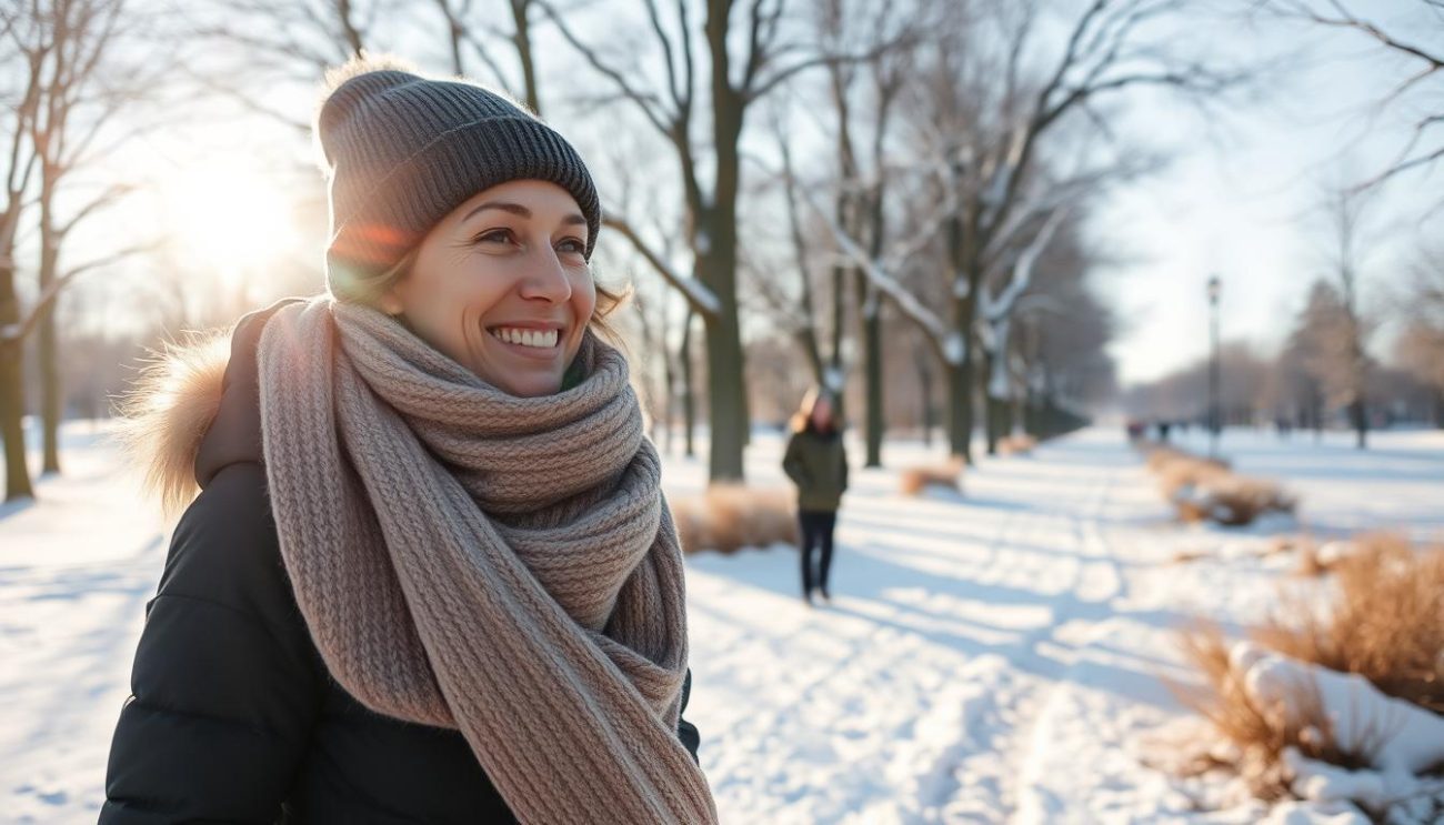 Person enjoying outdoor winter activity, demonstrating positive management of seasonal affective disorder (SAD)