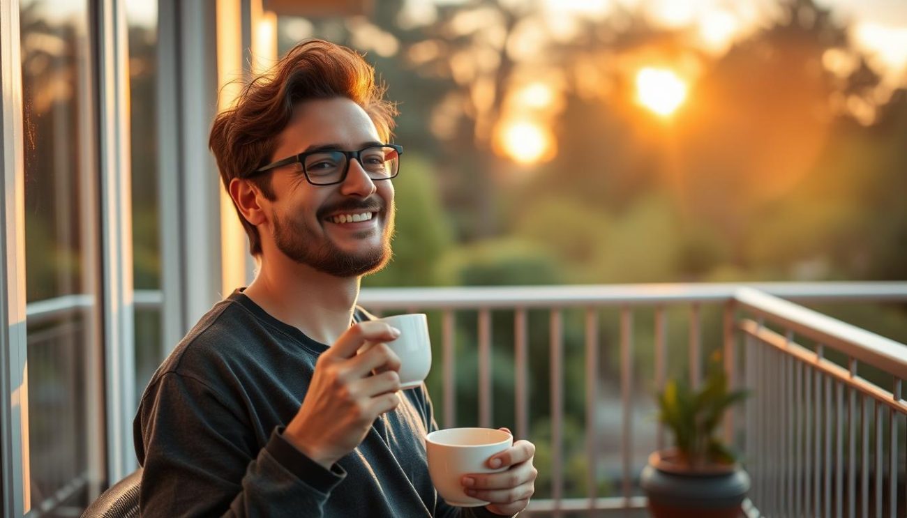 Person enjoying successful morning routine with sunrise, embodying benefits of waking up early